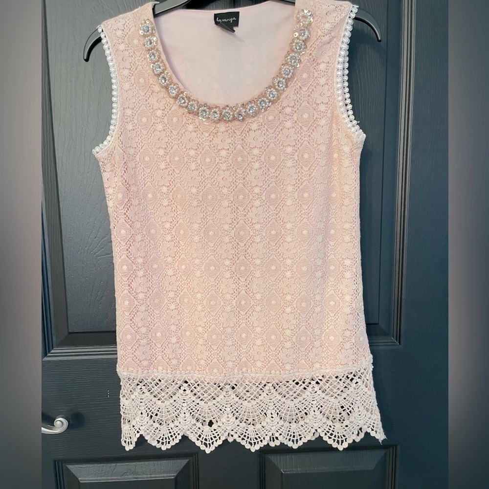 LA VANYA Top | STUNNING Lace TUNIC Scoop Neck BEADED Sz S PINK‎